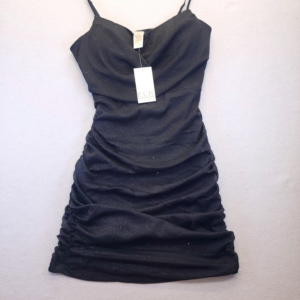ELH Studio‎ Black Glitter Ruched Bodycon Dress NWT Women L Mini Cocktail Party